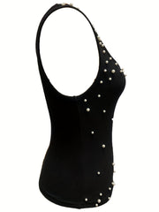 Beaded Crew Neck Tank Top Sexy Sleeveless Summer Women's Clothing
