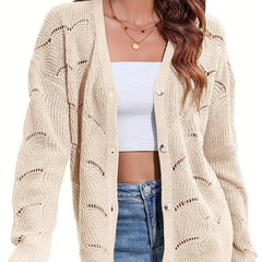 Hollow Button Front Knit Cardigan V Neck Sweater