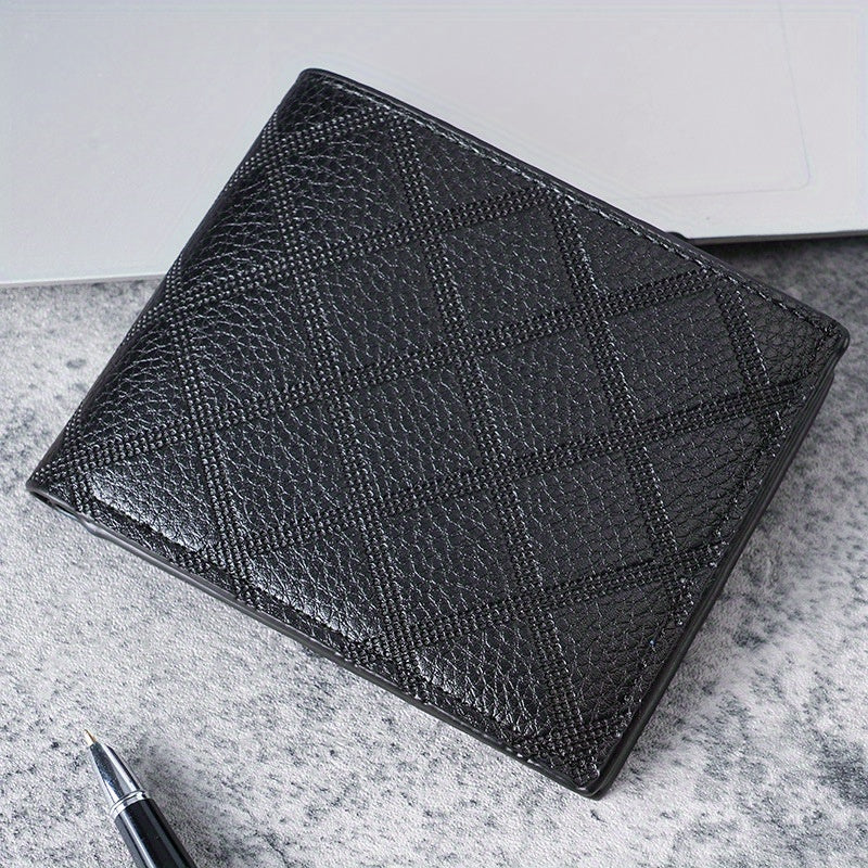 Men's Leather Short Wallet with Money Clip Argyle Pattern