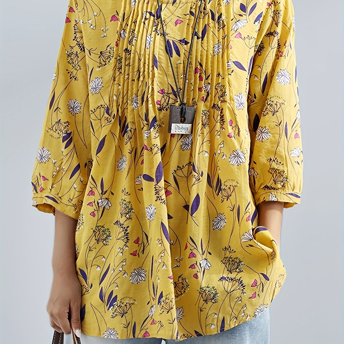  Floral Print Boho Shirt 3/4 Sleeve Ruffled Blouse