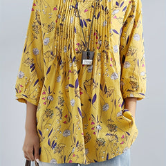 Floral Print Boho Shirt 3/4 Sleeve Ruffled Blouse