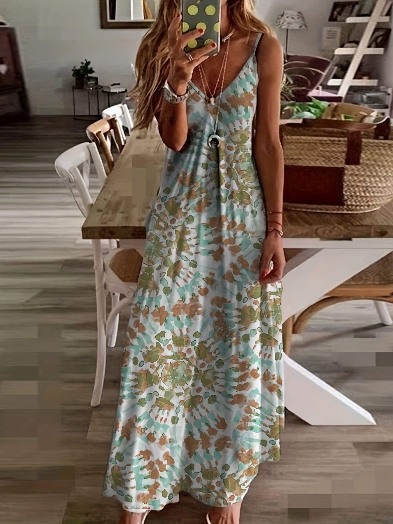  Geometric Print Cami Maxi Dress Spaghetti Strap V Neck Long Dress