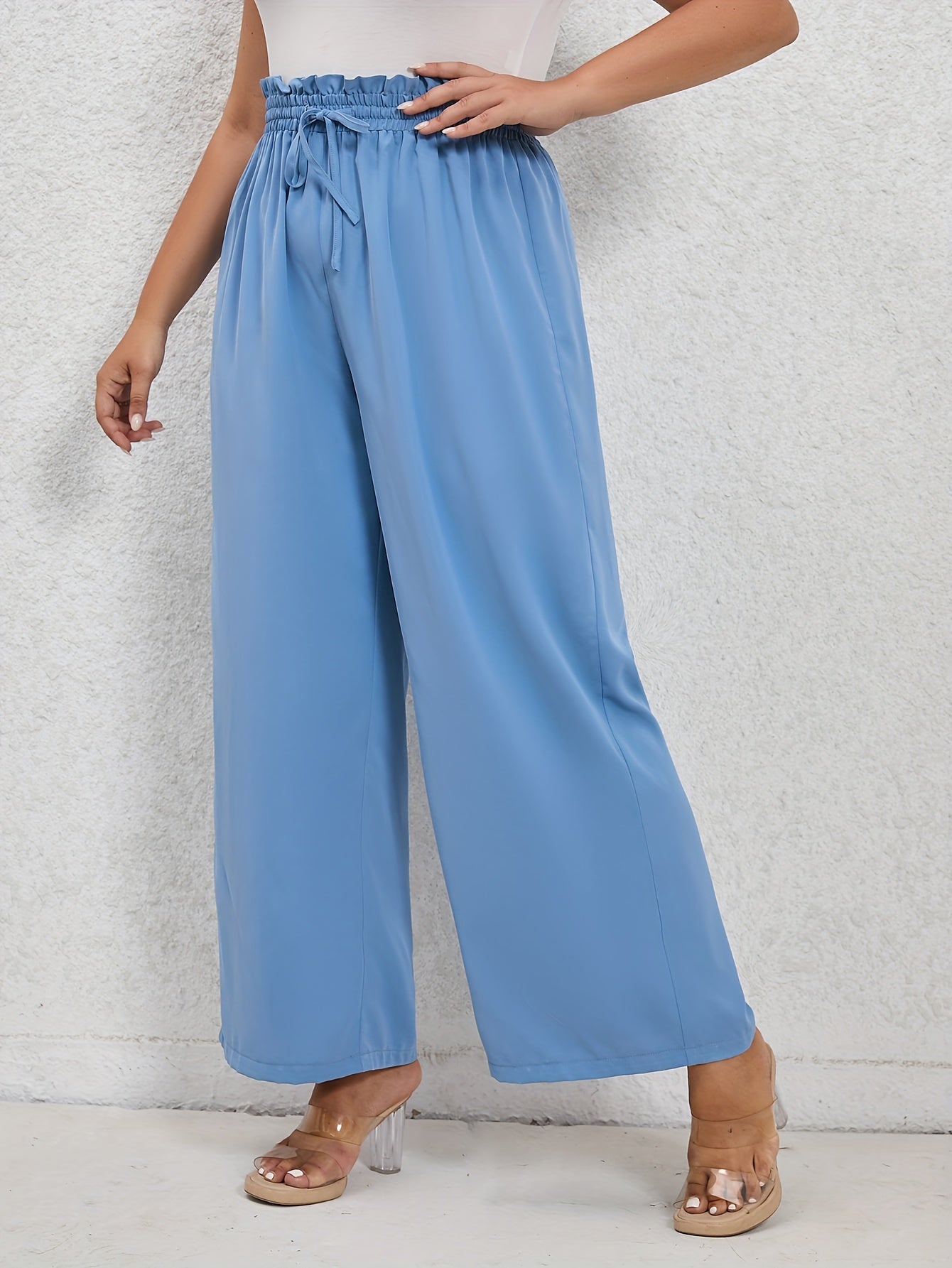  Solid Ruffle Trim Elastic Drawstring Wide Leg Pants