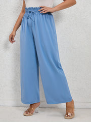  Solid Ruffle Trim Elastic Drawstring Wide Leg Pants