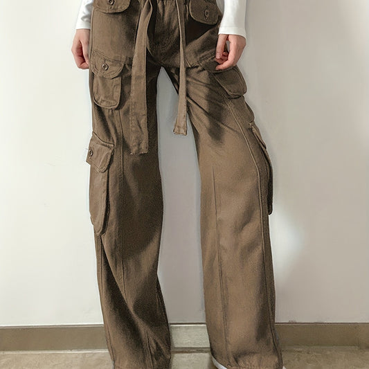 Grey Cargo Pants High Rise Wide Leg Loose Fit