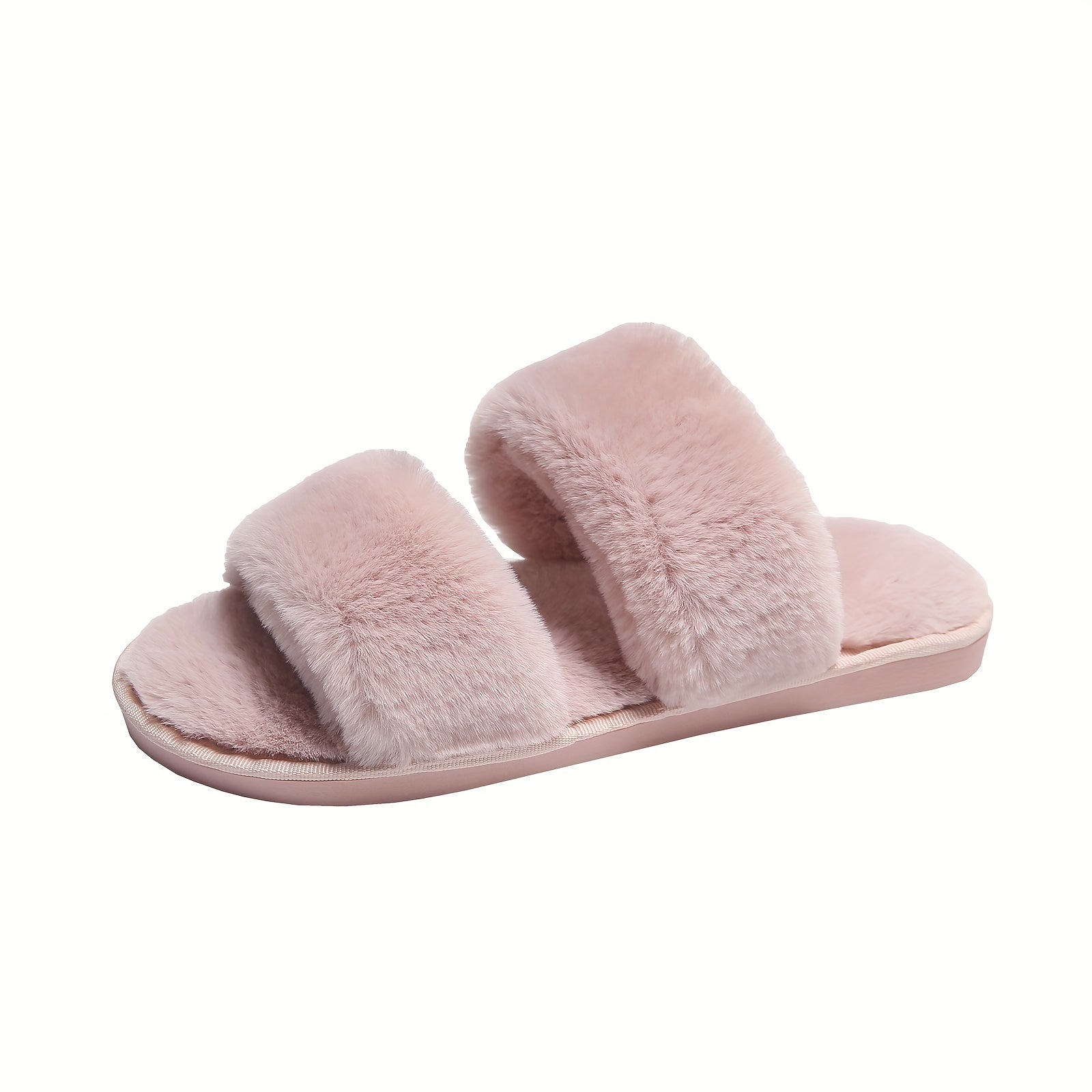 Women's Double Straps Flat Slippers Open Toe Solid Non Slip Fluffy Home Shoes