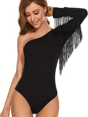 Women's Sultry One Shoulder Tassel Teddy Bodysuit