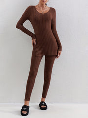 Ribbed Two piece Set Long Sleeve Side Split Top & Pants Outfits