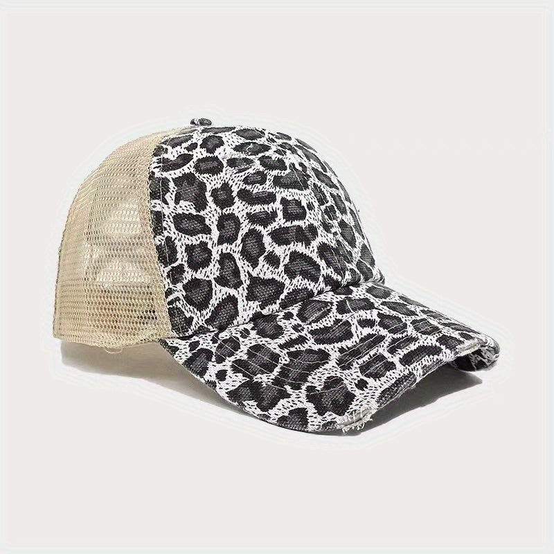 Leopard Print Mesh Baseball Cap Breathable Visor Cap Adjustable Trucker Hat