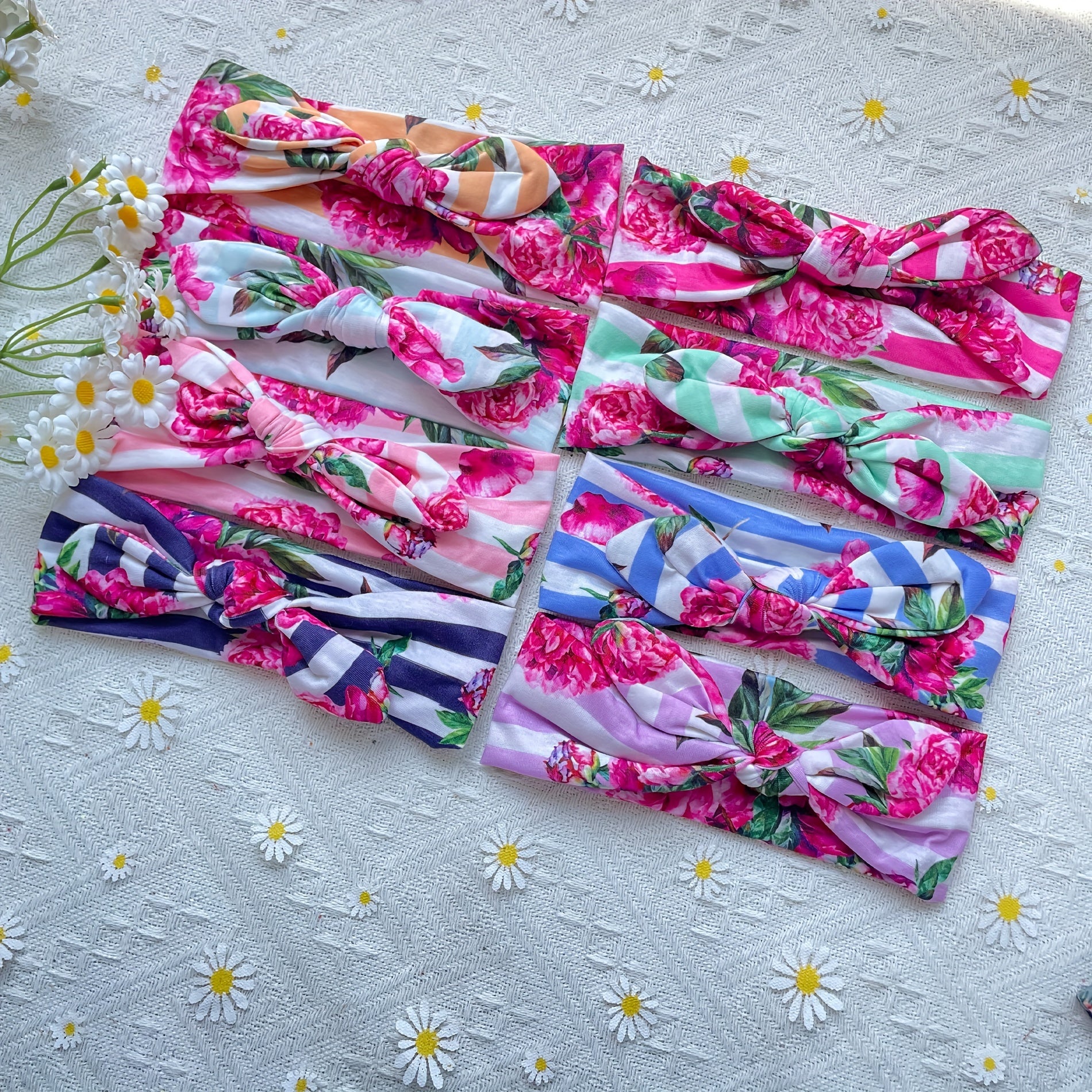 Flower Pattern Bowknot Headband Elastic Hair Accessory For Baby Girls