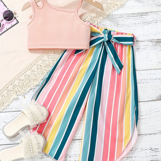 Girls Cutout Shoulder Tank Top and Striped Pants Set
