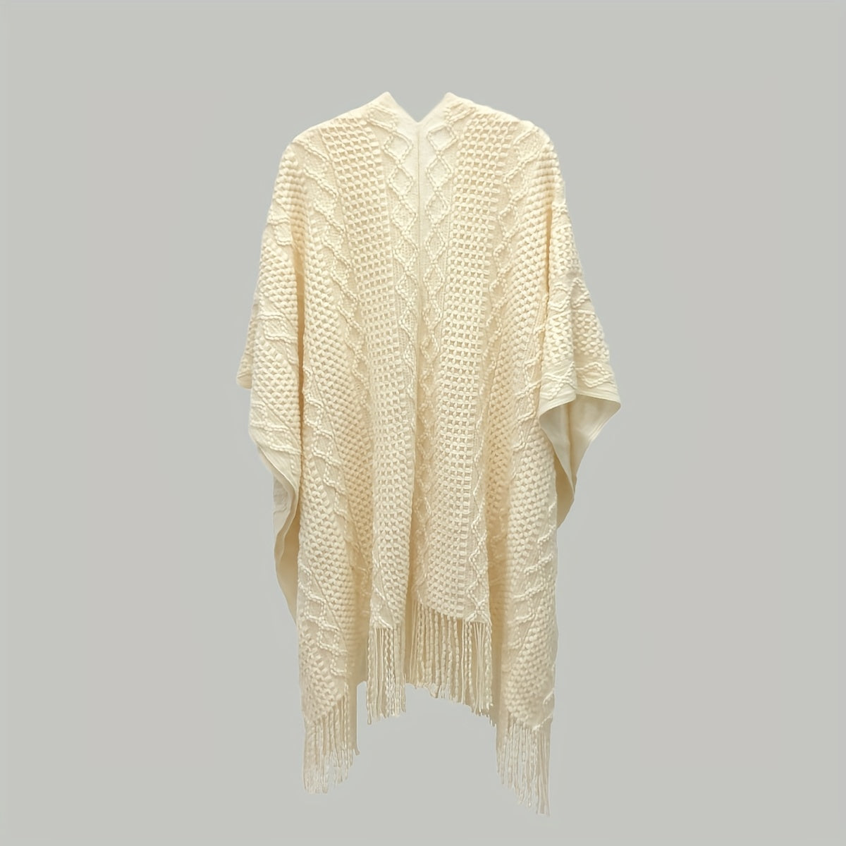 Beige Knitted Shawl Tassel Wraps Classic Warm Cape Plaid Cardigan