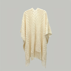 Beige Knitted Shawl Tassel Wraps Classic Warm Cape Plaid Cardigan