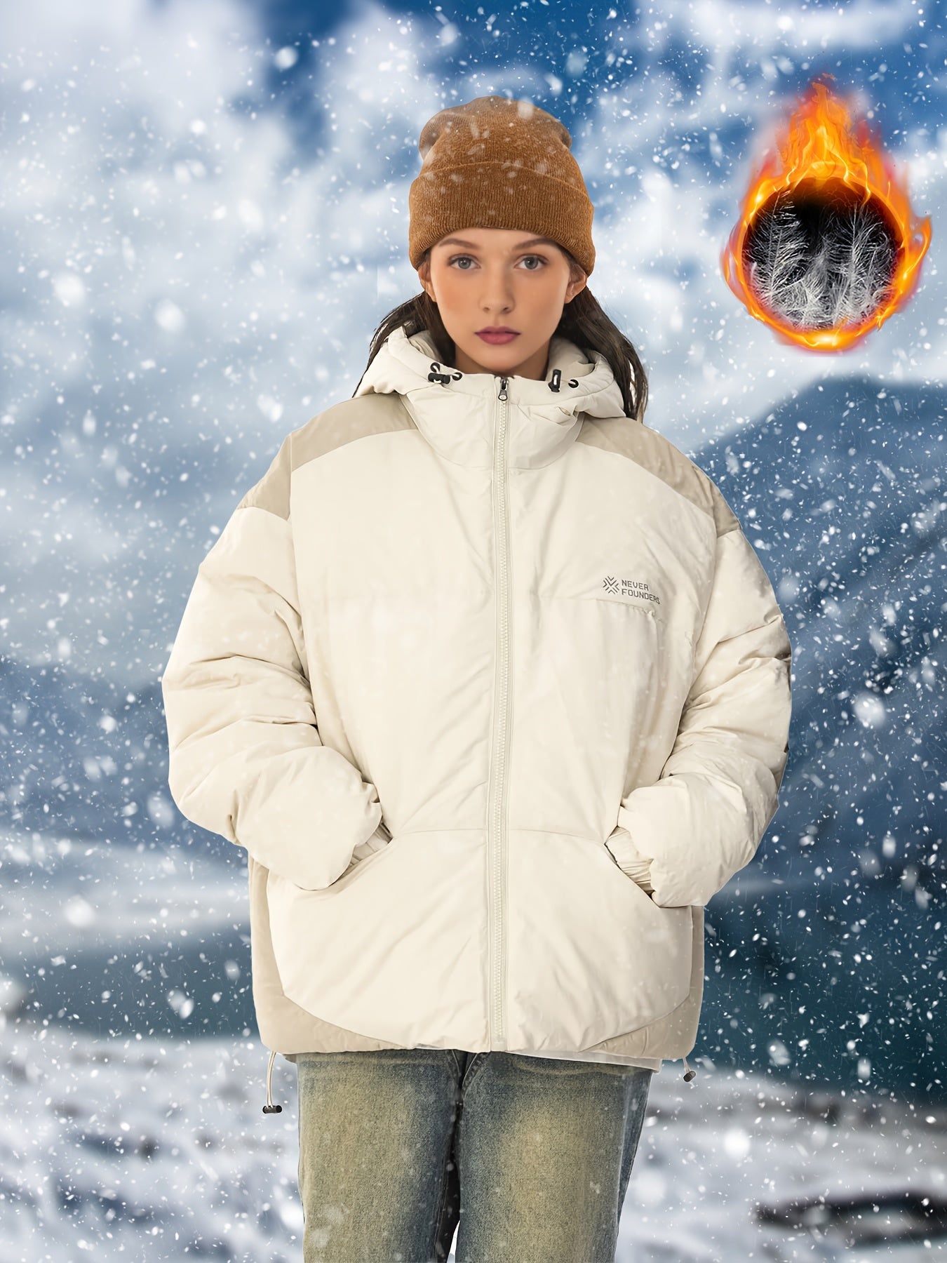 Letter Print Block Puffer Jacket Warm Winter Jacket For Outdoor Sports