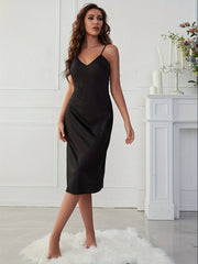 Satin Slip Nightdress V Neck Spaghetti Strap Sleep Dress