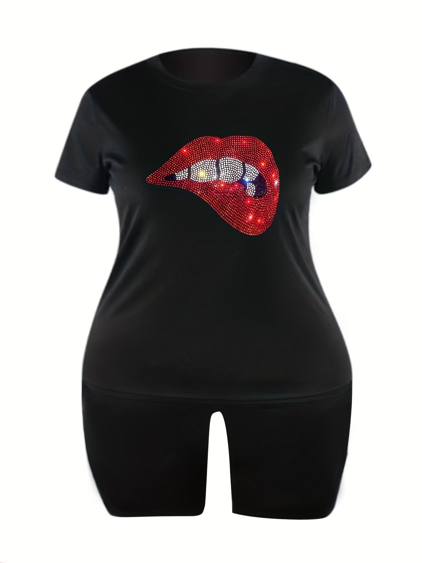  Rhinestone Lip Tee & Biker Shorts Set