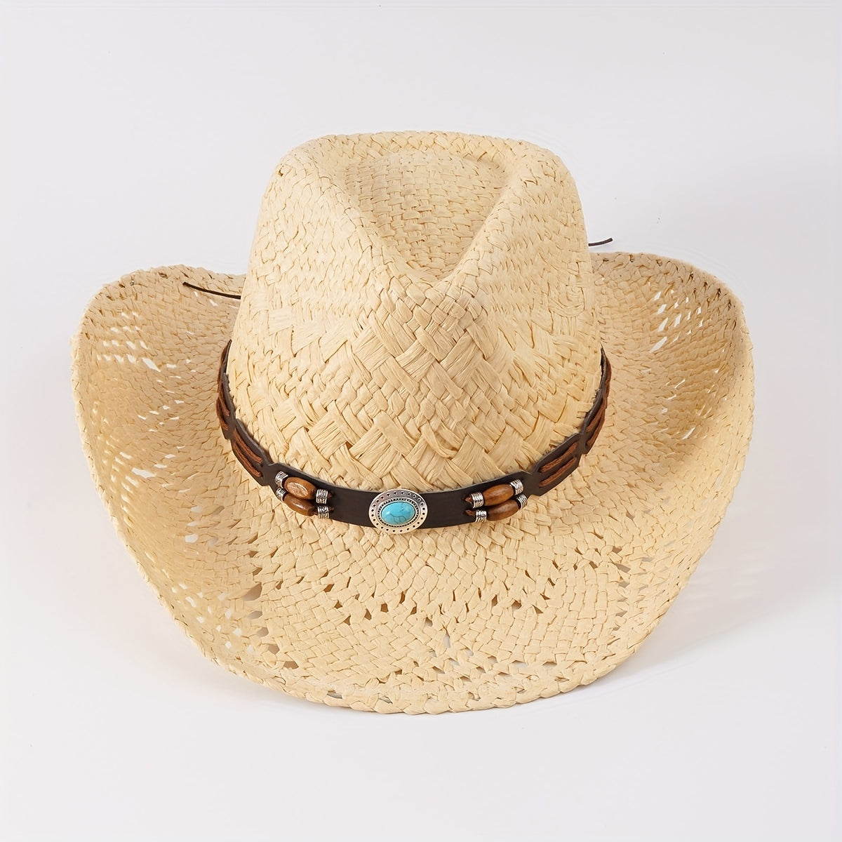 Western Cowboy Straw Hat With Large Wood Beads Turquoise Leather Belt