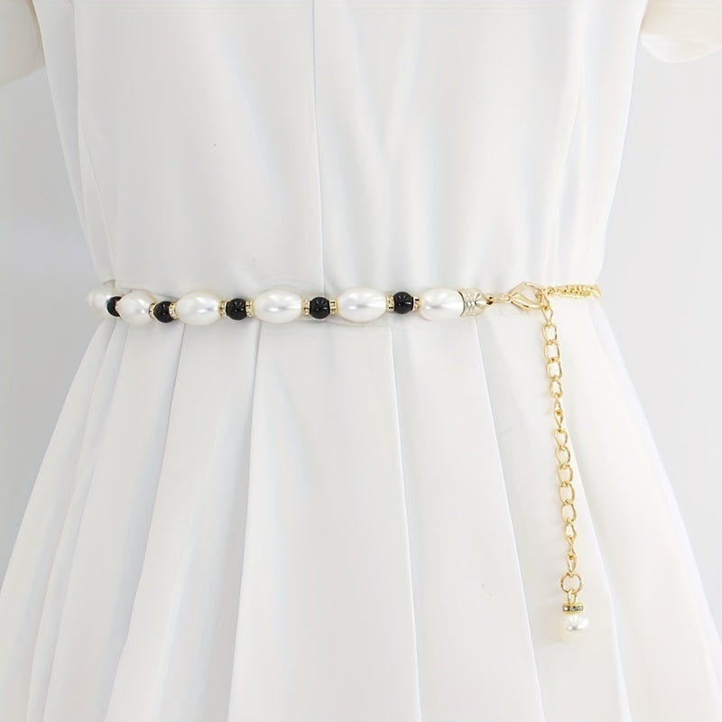 Faux Pearl Chain Belt Metal Waistband Women Dress Girdle