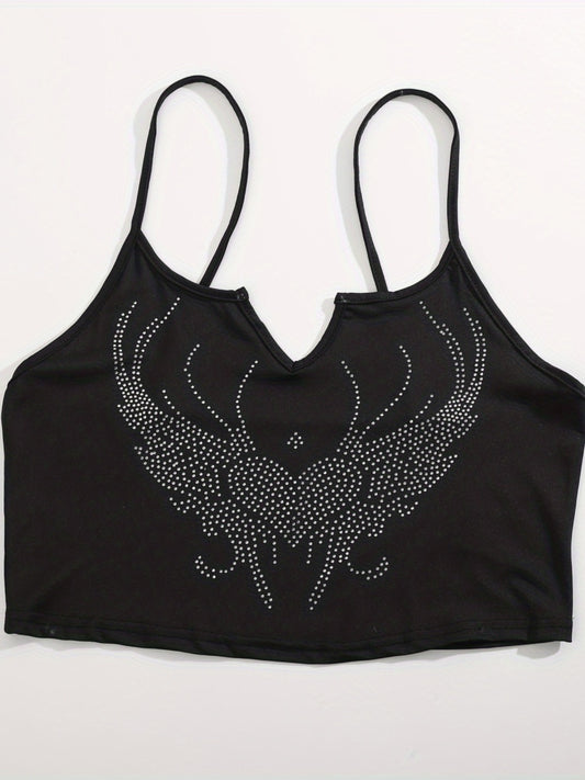 Y2K Rhinestone Heart Cami Top Notched Neck Women's Clothing