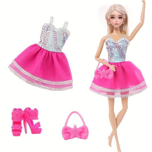 3pcs Doll Clothes Set for 11.5in Doll w/ Short Skirt, Handbag, High Heels