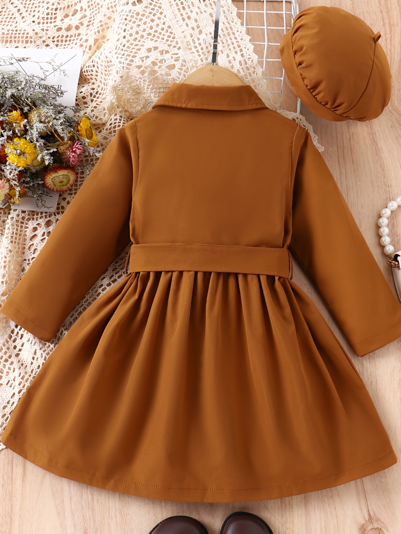 Toddler Girls Collared Bow Waist Shirt Dress With Pockets
