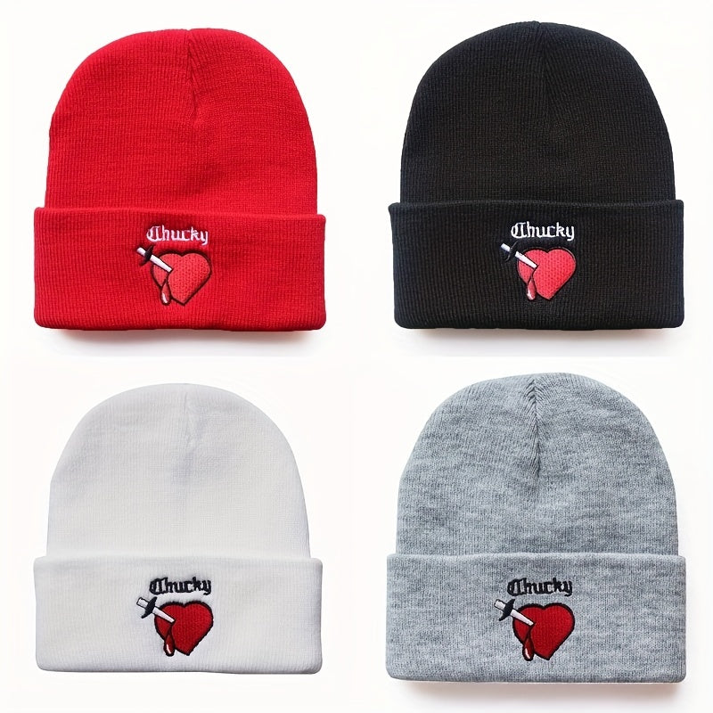 Heart Embroidery Unisex Couple Beanie Solid Knit Hat Elastic Windproof