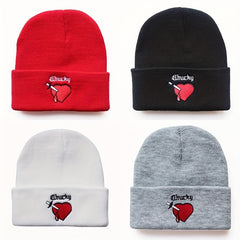 Heart Embroidery Unisex Couple Beanie Solid Knit Hat Elastic Windproof