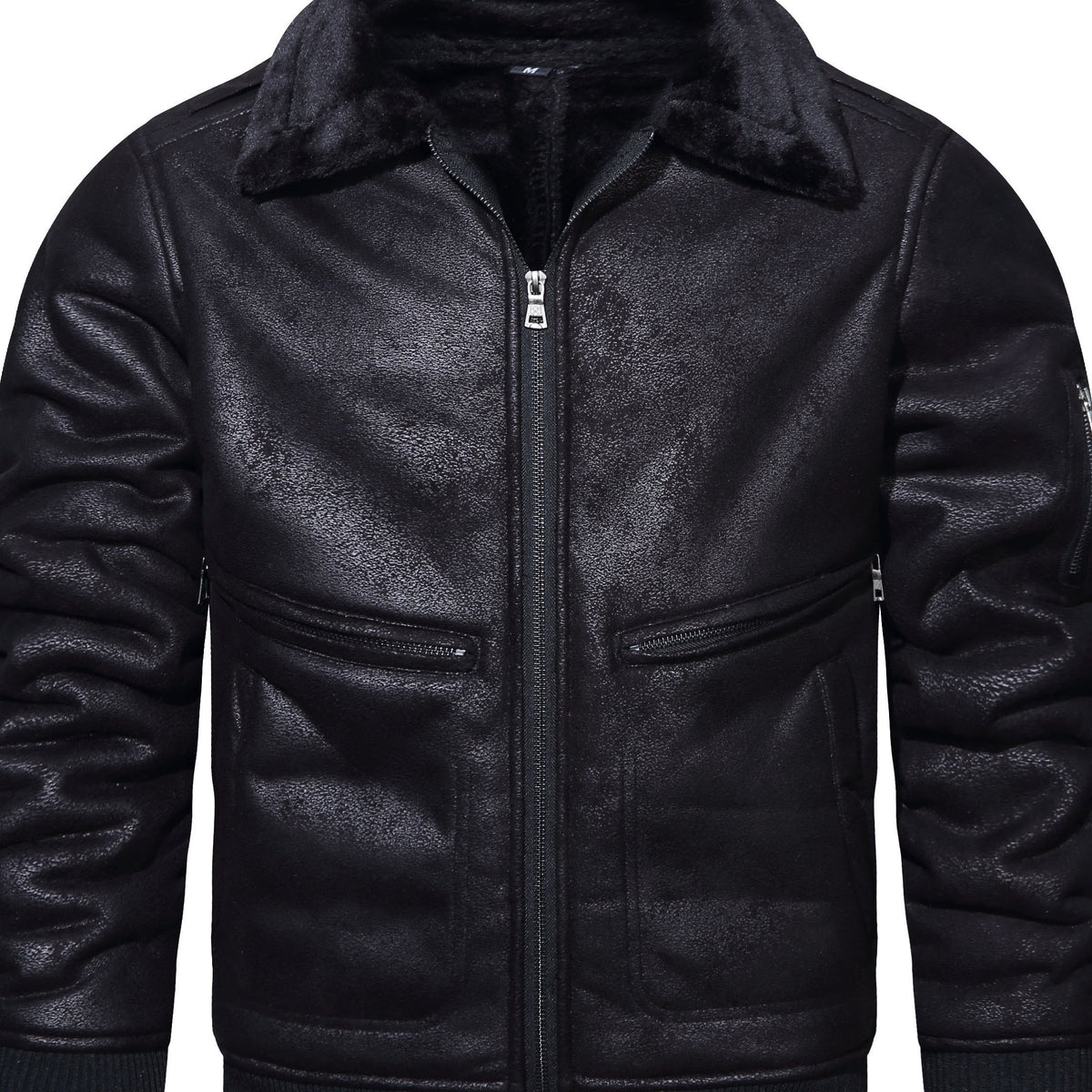 Men's Fleece PU Jacket Zip Up Lapel Leather Jacket Fall Winter