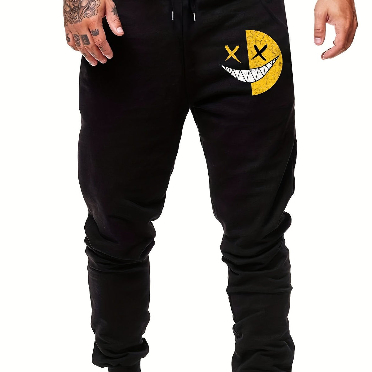Smile Face Print Men's Sports Pants Casual Drawstring Jogging Trousers