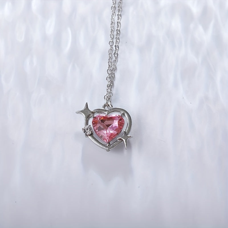 Y2K Love Heart Pendant Necklace Pink Crystal Punk Clavicle Chain