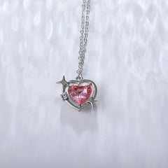 Y2K Love Heart Pendant Necklace Pink Crystal Punk Clavicle Chain