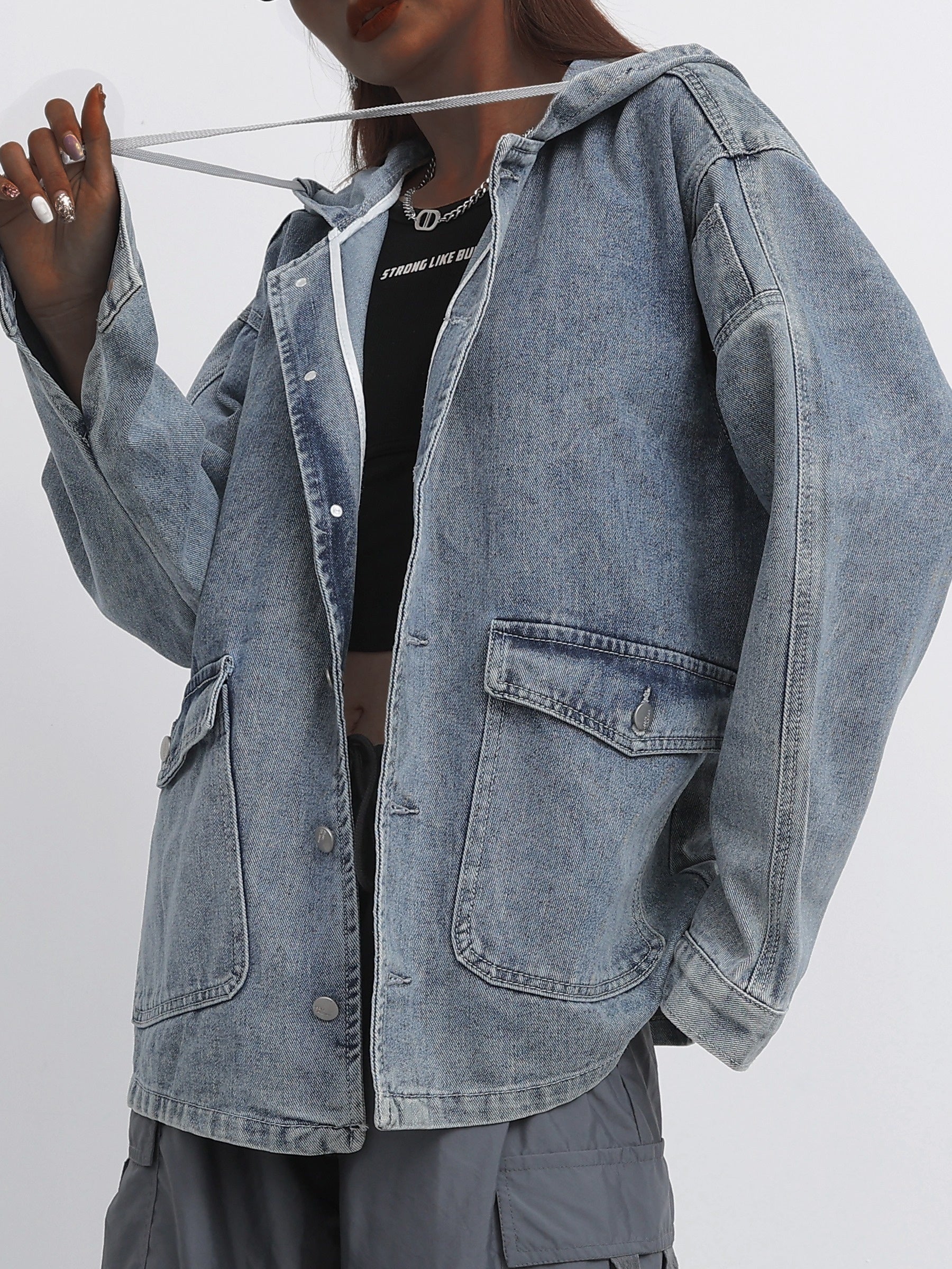  Casual Denim Top Solid Hooded Drawstring Jacket