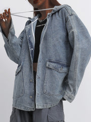  Casual Denim Top Solid Hooded Drawstring Jacket