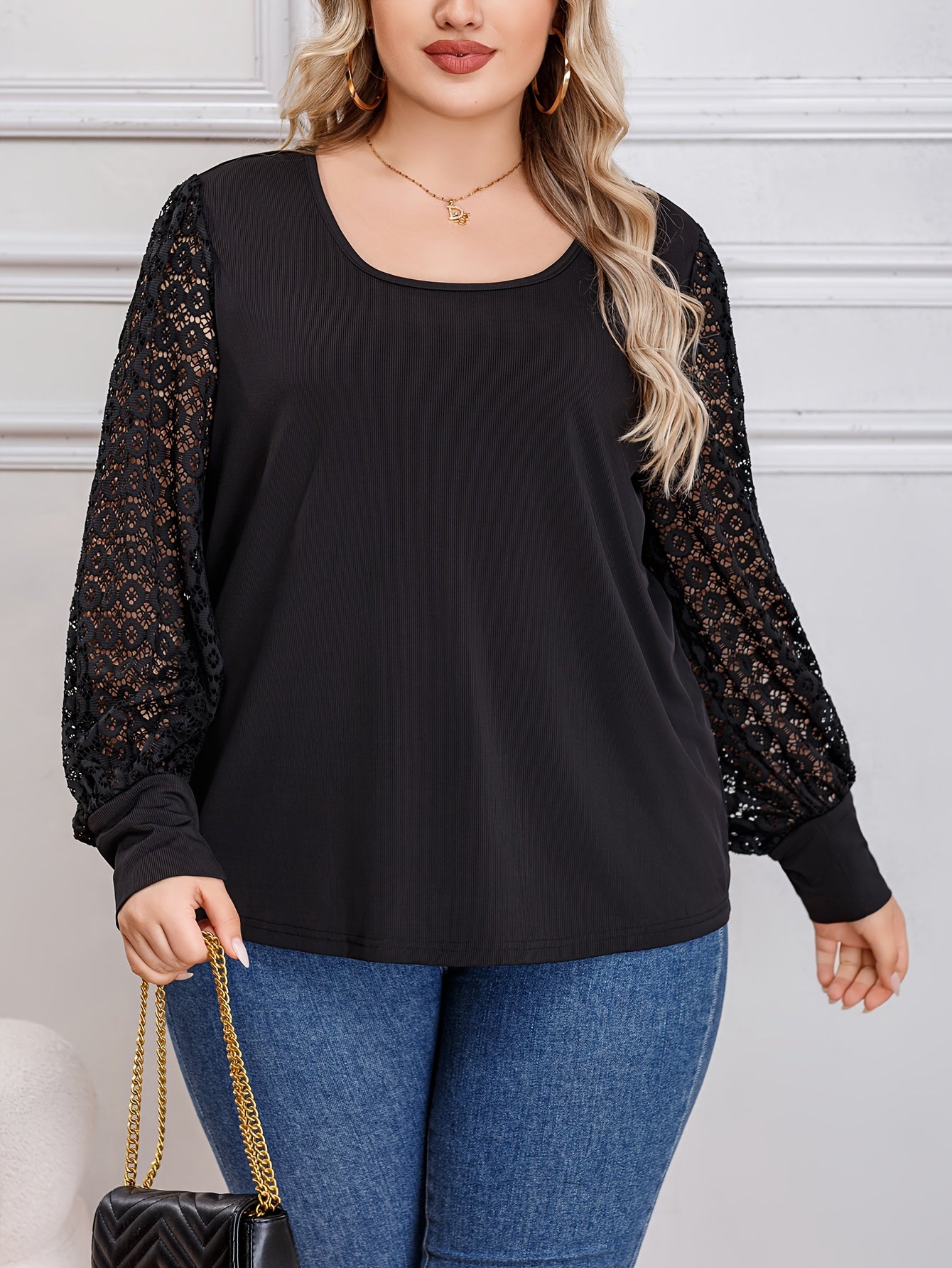  Lace Sleeve Round Neck Top