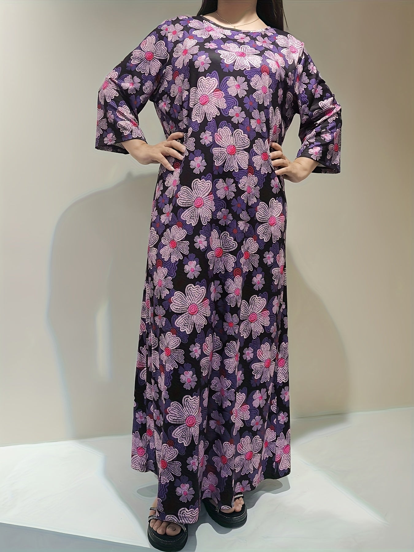Boho Nightdress Women's Plus Floral Print Long Sleeve Round Neck Loose Sleep Dre
