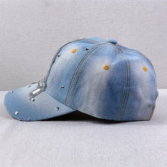 Eiffel Tower Baseball Cap Rhinestone Washed Distressed Denim Dad Hat