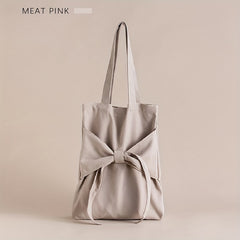 Bowknot Decor Canvas Shoulder Bag Tote Bag Solid Handbag For School Travel