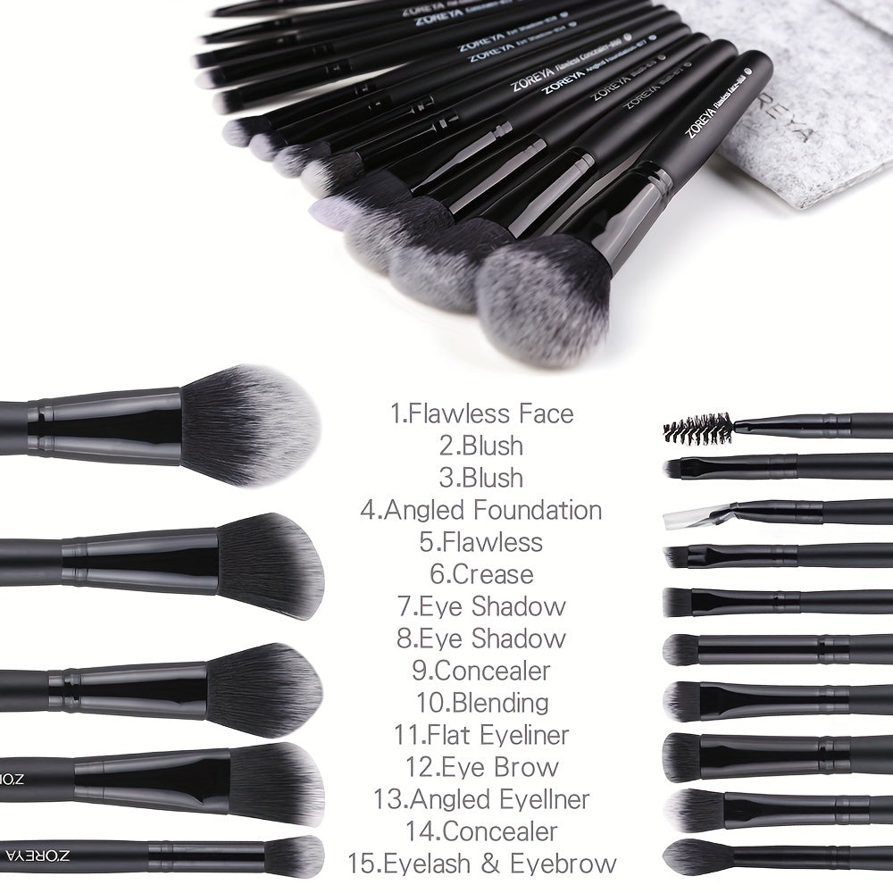 15pcs Makeup Brushes Set Natural Soft Synthetic Fiber Long Handle Cosmetics
