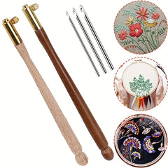 Embroidery Crochet Hooks w/ 3 Needles Wooden Handle French Tambour Tools