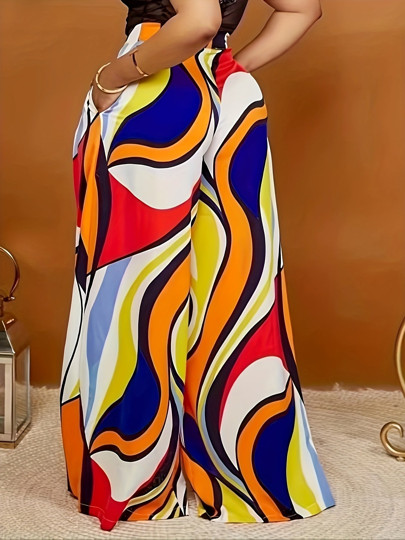  Colorblock Stripe Print Wide Leg Trousers
