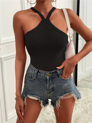 Ribbed Cross Back Halter Neck Top Sleeveless Summer Casual Top