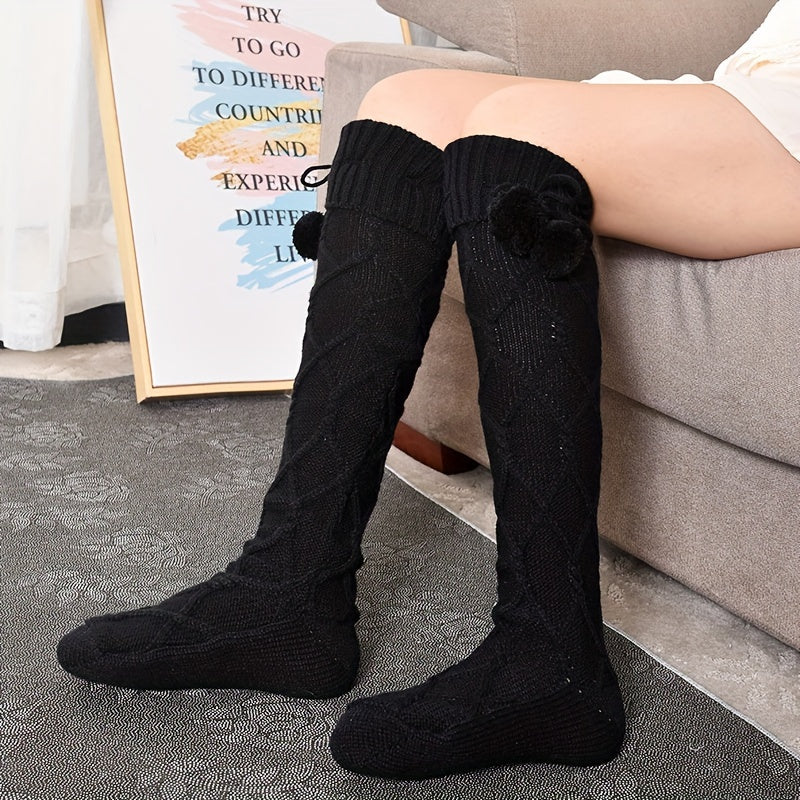 Argyle Calf Socks Pompom Decor Warm Knee High Socks Women's