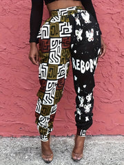  Colorblock Geometric Butterfly Print Jogger Trousers