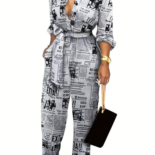 Newspaper Print Tie Front Jumpsuit Casual Button Down One Piece Jumpsuit