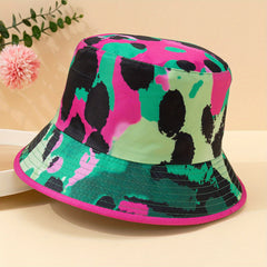 Green Red Leopard Bucket Hat Block Graffiti Print Reversible Fisherman Cap