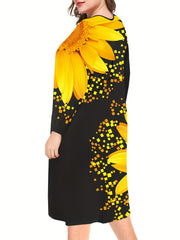  Sunflower Print Long Sleeve Midi Dress with Pockets