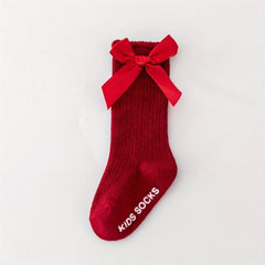 Toddler Girls Knee High Cotton Socks Solid Bowknot Spring Summer