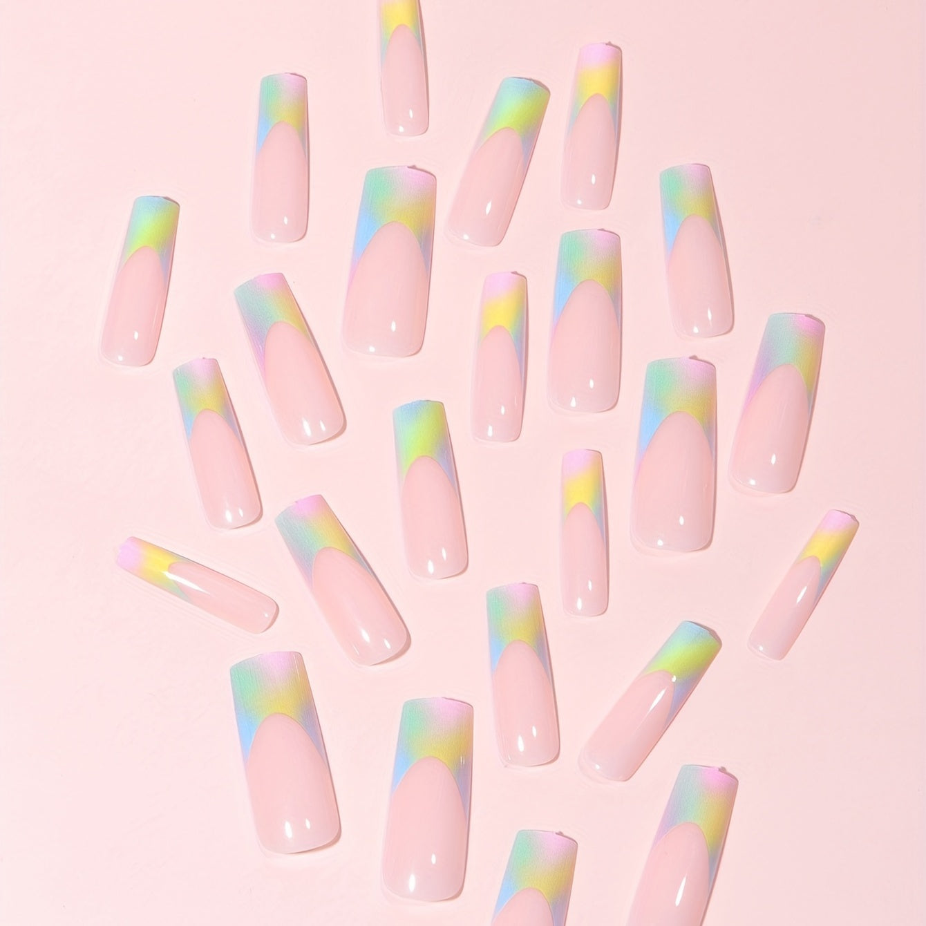 French Long Press On Nails Glossy False Nails 24 Pcs Pink Yellow