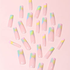French Long Press On Nails Glossy False Nails 24 Pcs Pink Yellow