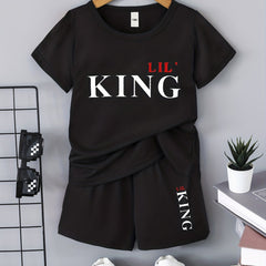 2pcs Boys Teen Casual LIL KING T shirt & Shorts Set Clothes For Summer